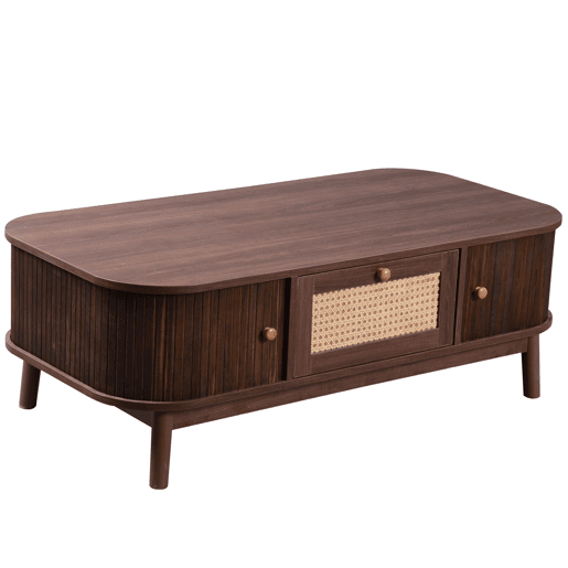 Mesa de centro - Rattan, com gavetas e portas deslizantes em madeira maciça, pernas em madeira maciça, estilo rústico natural