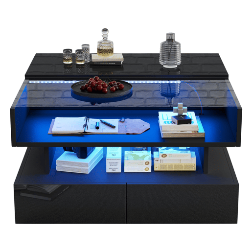 Mesa de centro elevável 80x80x45 cm - Com arrumação oculta, 2 gavetas, LED - Preto