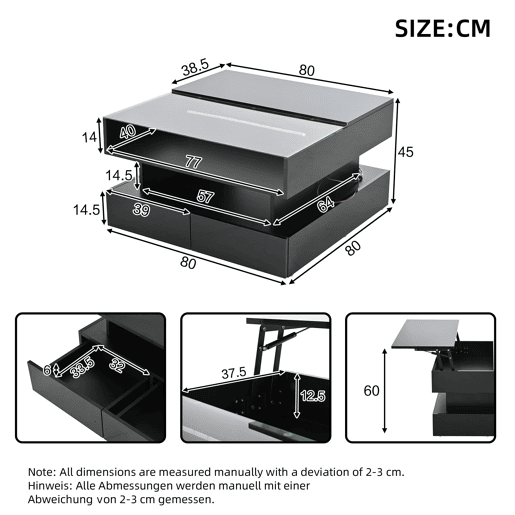 Mesa de centro elevável 80x80x45 cm - Com arrumação oculta, 2 gavetas, LED - Preto