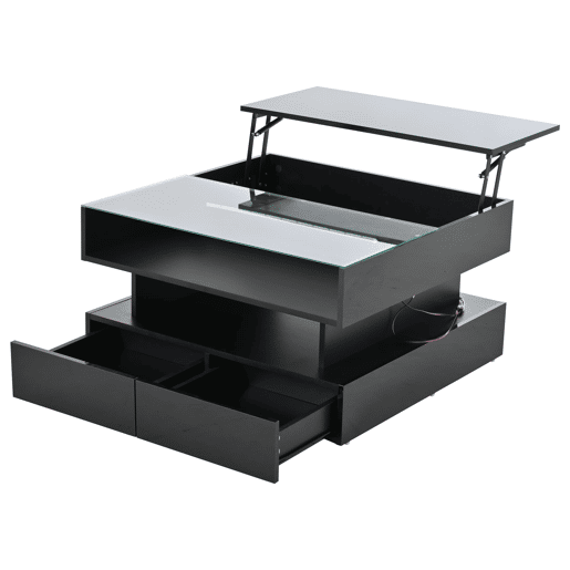 Mesa de centro elevável 80x80x45 cm - Com arrumação oculta, 2 gavetas, LED - Preto