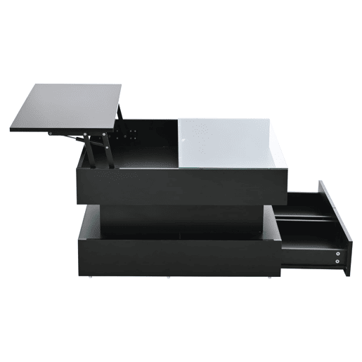 Mesa de centro elevável 80x80x45 cm - Com arrumação oculta, 2 gavetas, LED - Preto