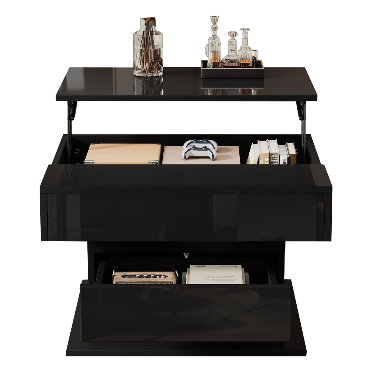 mesa de centro elevable 70 x 70 x 45cm - mesa con superficie giratoria 360 1 cajon alto brillo negro