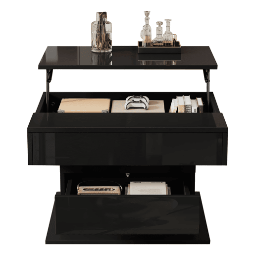 Mesa de centro elevável 70 x 70 x 45 cm - Mesa com superfície giratória 360°, 1 gaveta, alto brilho, preta