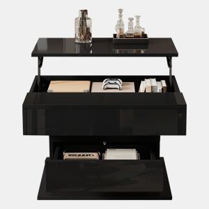Mesa de centro elevável 70 x 70 x 45 cm - Mesa com superfície giratória 360°, 1 gaveta, alto brilho, preta