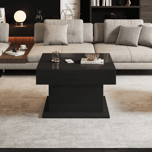 Mesa de centro elevável 70 x 70 x 45 cm - Mesa com superfície giratória 360°, 1 gaveta, alto brilho, preta