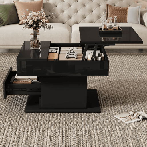 Mesa de centro elevável 70 x 70 x 45 cm - Mesa com superfície giratória 360°, 1 gaveta, alto brilho, preta