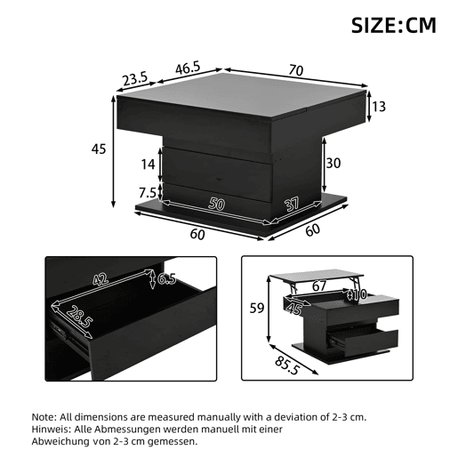 Mesa de centro elevável 70 x 70 x 45 cm - Mesa com superfície giratória 360°, 1 gaveta, alto brilho, preta