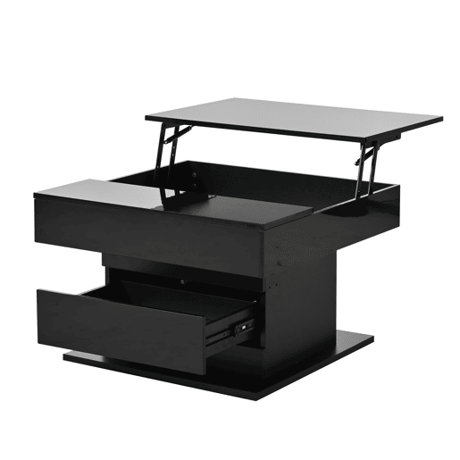 Mesa de centro elevável 70 x 70 x 45 cm - Mesa com superfície giratória 360°, 1 gaveta, alto brilho, preta