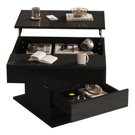 Mesa de centro elevável 70 x 70 x 45 cm - Mesa com superfície giratória 360°, 1 gaveta, alto brilho, preta