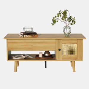 Mesa de centro elegante - Superfície elevável, portas em rattan, cor madeira com detalhes em preto - Ideal para sala de estar