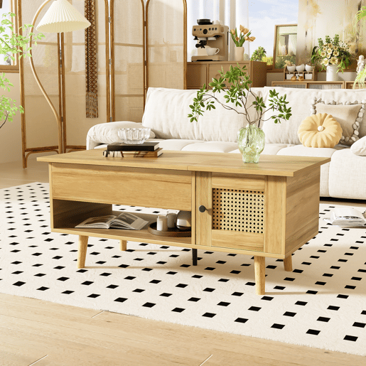 Mesa de centro elegante - Superfície elevável, portas em rattan, cor madeira com detalhes em preto - Ideal para sala de estar