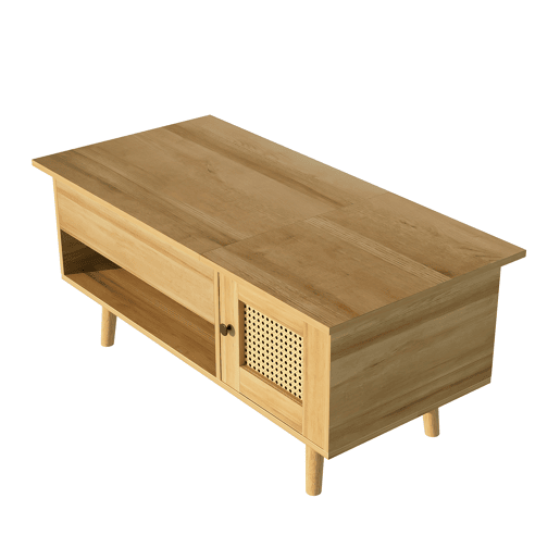 Mesa de centro elegante - Superfície elevável, portas em rattan, cor madeira com detalhes em preto - Ideal para sala de estar