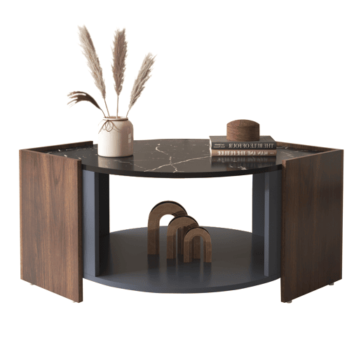 Mesa de centro - design estruturado com mármore e nogueira - linhas únicas - Preto