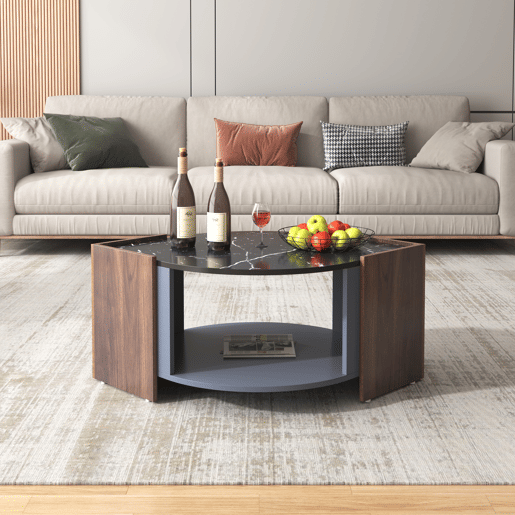Mesa de centro - design estruturado com mármore e nogueira - linhas únicas - Preto