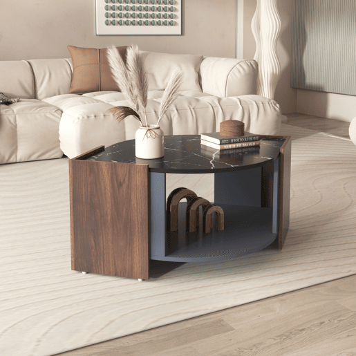Mesa de centro - design estruturado com mármore e nogueira - linhas únicas - Preto