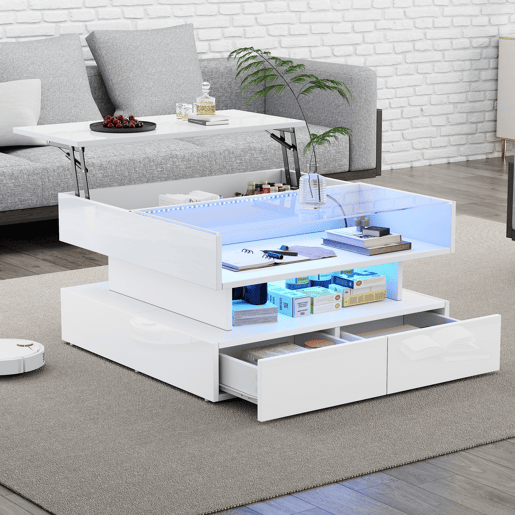 Mesa de centro elevável 80x80x45 cm - Com arrumação oculta, 2 gavetas, LED, vidro temperado - Branco Mesa de centro elevável 80x80x45 cm - Com arrumação oculta, 2 gavetas, LED, vidro temperado - Branco