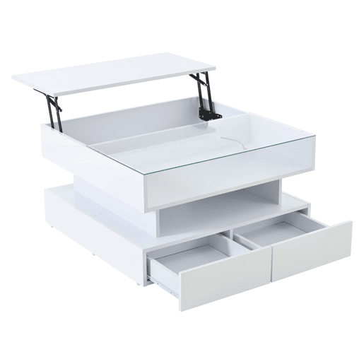 Mesa de centro elevável 80x80x45 cm - Com arrumação oculta, 2 gavetas, LED, vidro temperado - Branco Mesa de centro elevável 80x80x45 cm - Com arrumação oculta, 2 gavetas, LED, vidro temperado - Branco