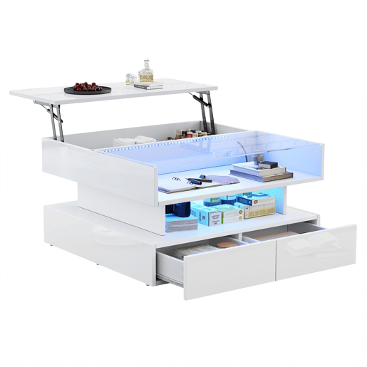 Mesa de centro elevável 80x80x45 cm - Com arrumação oculta, 2 gavetas, LED, vidro temperado - Branco Mesa de centro elevável 80x80x45 cm - Com arrumação oculta, 2 gavetas, LED, vidro temperado - Branco