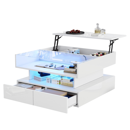 Mesa de centro elevável 80x80x45 cm - Com arrumação oculta, 2 gavetas, LED, vidro temperado - Branco Mesa de centro elevável 80x80x45 cm - Com arrumação oculta, 2 gavetas, LED, vidro temperado - Branco