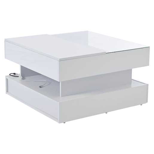 Mesa de centro elevável 80x80x45 cm - Com arrumação oculta, 2 gavetas, LED, vidro temperado - Branco Mesa de centro elevável 80x80x45 cm - Com arrumação oculta, 2 gavetas, LED, vidro temperado - Branco