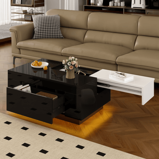 Mesa de centro com LED - Mesa extensível, arrumação oculta, luz ajustável com 16 cores - Preto, Branco