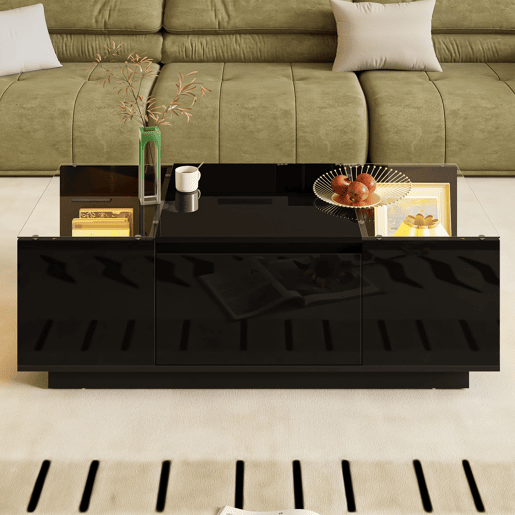 Mesa de centro 105 cm - Minimalista, com arrumação, iluminação LED, vidro, 2 gavetas - Preta