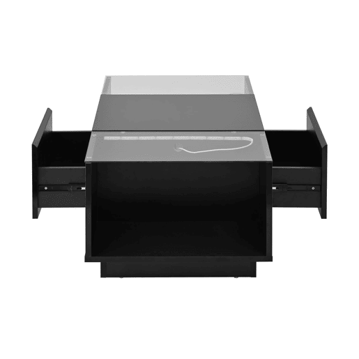 Mesa de centro 105 cm - Minimalista, com arrumação, iluminação LED, vidro, 2 gavetas - Preta