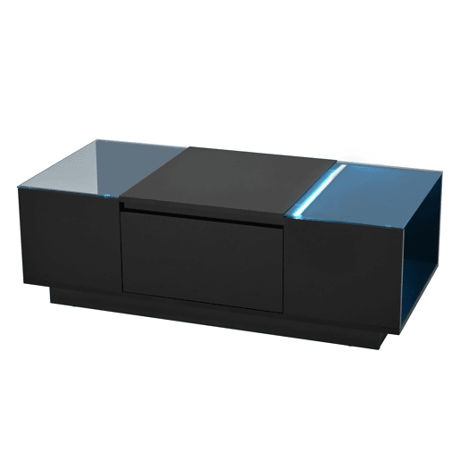 Mesa de centro 105 cm - Minimalista, com arrumação, iluminação LED, vidro, 2 gavetas - Preta