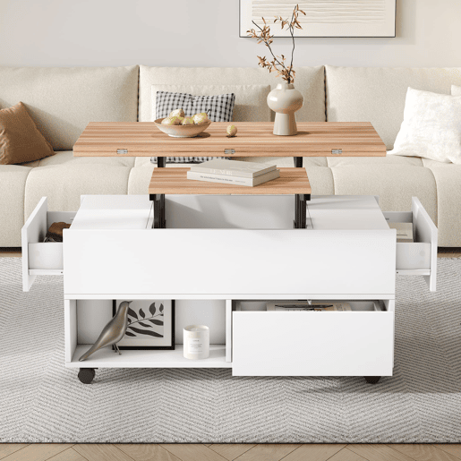 Mesa de centro 100 x 50 x 52 cm - com 4 rodas, 4 gavetas, elevável, multifuncional - Branco + Madeira