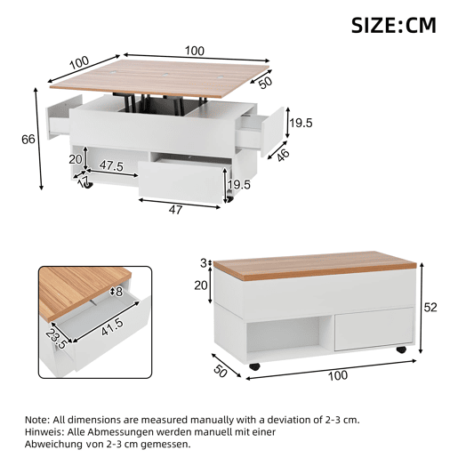 Mesa de centro 100 x 50 x 52 cm - com 4 rodas, 4 gavetas, elevável, multifuncional - Branco + Madeira