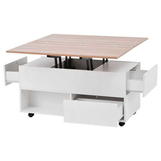 Mesa de centro 100 x 50 x 52 cm - com 4 rodas, 4 gavetas, elevável, multifuncional - Branco + Madeira