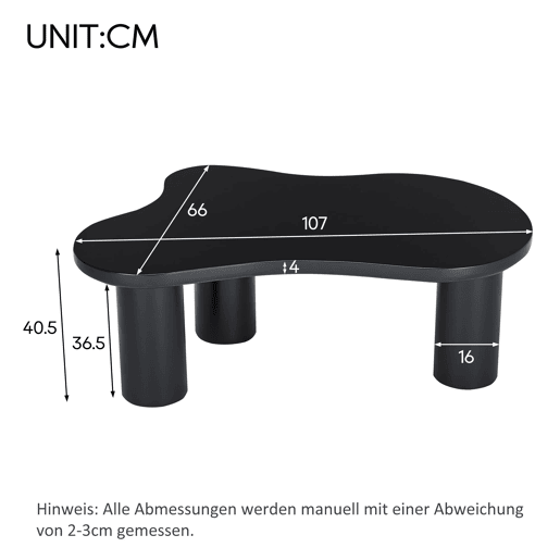 Mesa de centro 107x66x40,5 cm - formato de nuvem, MDF e pernas em PVC com feltro - Preto