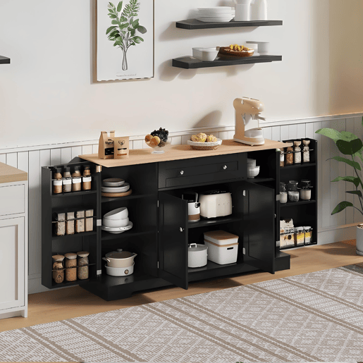 Buffet multifuncional 138 cm - Com gaveta, portas com prateleiras e prateleiras ajustáveis - Preto
