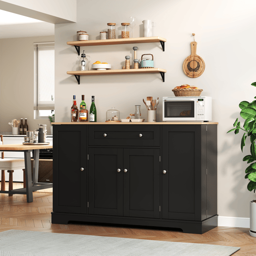 Buffet multifuncional 138 cm - Com gaveta, portas com prateleiras e prateleiras ajustáveis - Preto