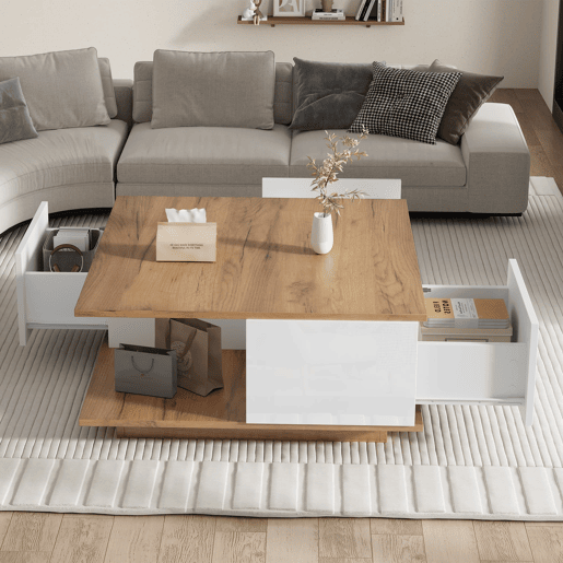 Mesa de centro 70x70x31,5 cm - Com 3 gavetas, design geométrico, alto brilho - Branco + Madeira original Mesa de centro 70x70x31,5 cm - Com 3 gavetas, design geométrico, alto brilho - Branco + Madeira original