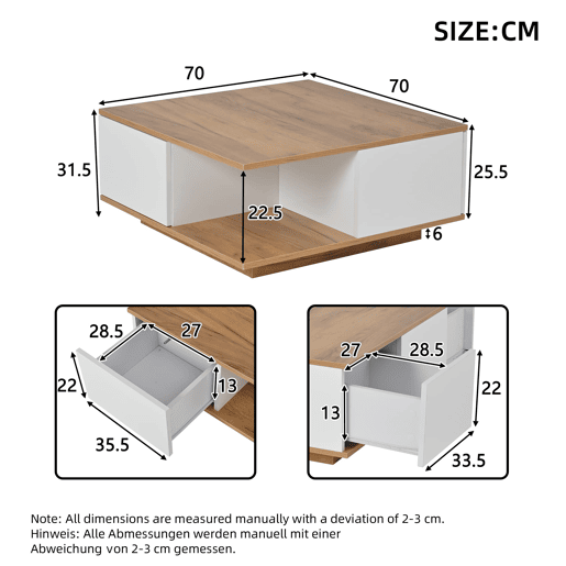 Mesa de centro 70x70x31,5 cm - Com 3 gavetas, design geométrico, alto brilho - Branco + Madeira original Mesa de centro 70x70x31,5 cm - Com 3 gavetas, design geométrico, alto brilho - Branco + Madeira original