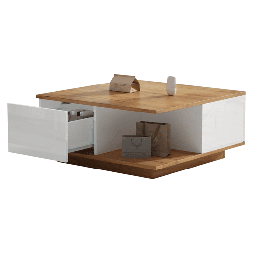 Mesa de centro 70x70x31,5 cm - Com 3 gavetas, design geométrico, alto brilho - Branco + Madeira original Mesa de centro 70x70x31,5 cm - Com 3 gavetas, design geométrico, alto brilho - Branco + Madeira original