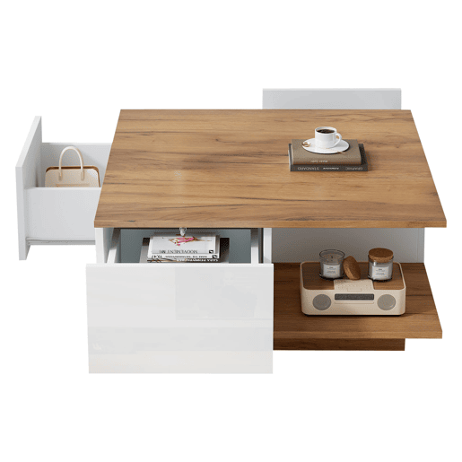 Mesa de centro 70x70x31,5 cm - Com 3 gavetas, design geométrico, alto brilho - Branco + Madeira original Mesa de centro 70x70x31,5 cm - Com 3 gavetas, design geométrico, alto brilho - Branco + Madeira original