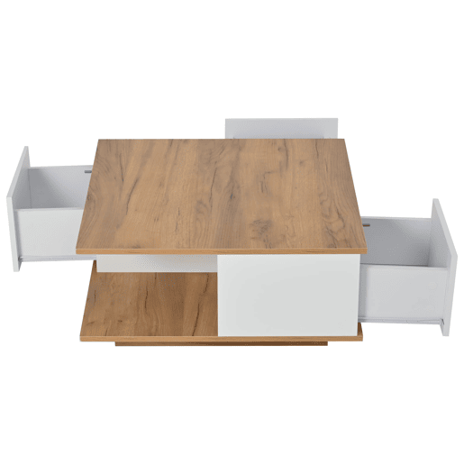 Mesa de centro 70x70x31,5 cm - Com 3 gavetas, design geométrico, alto brilho - Branco + Madeira original Mesa de centro 70x70x31,5 cm - Com 3 gavetas, design geométrico, alto brilho - Branco + Madeira original
