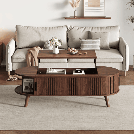 Mesa de centro elevável 120x50x39,5 cm - com 5 prateleiras e arrumação oculta - Nogueira