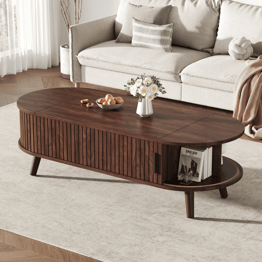 Mesa de centro elevável 120x50x39,5 cm - com 5 prateleiras e arrumação oculta - Nogueira