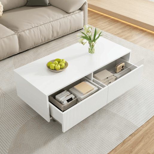 Mesa de centro LED moderna - tampo ondulado, 2 gavetas, luzes LED mutáveis - dourado-branco