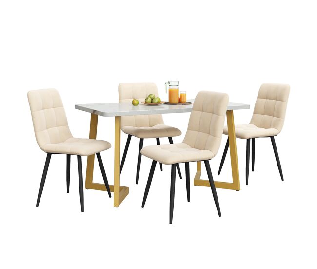 Conjunto comedor 117cm - mesa rectangular moderna con 4 sillas de terciopelo beige y patas doradas