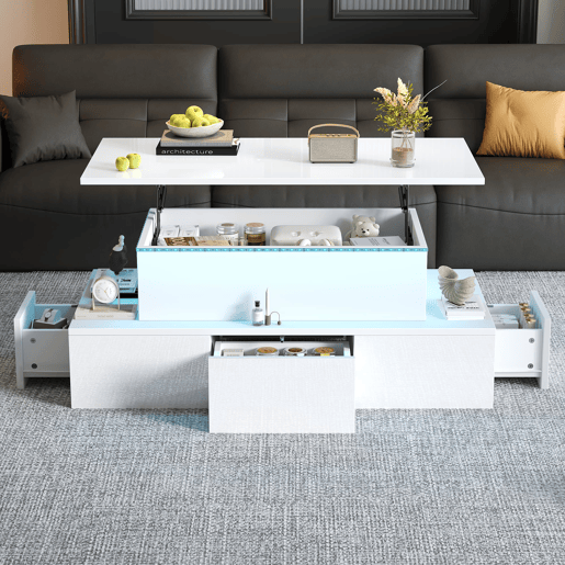 Mesa de centro elevável 100x50x40 cm - Com 4 gavetas, LED, arrumação oculta - Branco, MDF