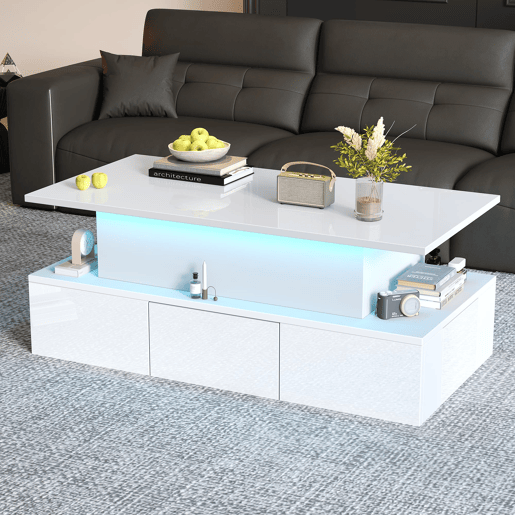Mesa de centro elevável 100x50x40 cm - Com 4 gavetas, LED, arrumação oculta - Branco, MDF