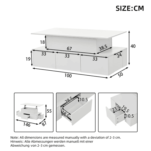 Mesa de centro elevável 100x50x40 cm - Com 4 gavetas, LED, arrumação oculta - Branco, MDF