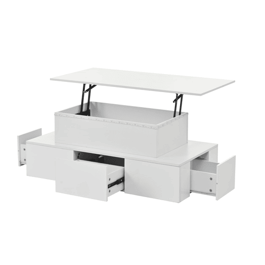 Mesa de centro elevável 100x50x40 cm - Com 4 gavetas, LED, arrumação oculta - Branco, MDF
