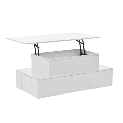 Mesa de centro elevável 100x50x40 cm - Com 4 gavetas, LED, arrumação oculta - Branco, MDF