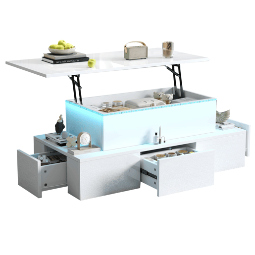 Mesa de centro elevável 100x50x40 cm - Com 4 gavetas, LED, arrumação oculta - Branco, MDF