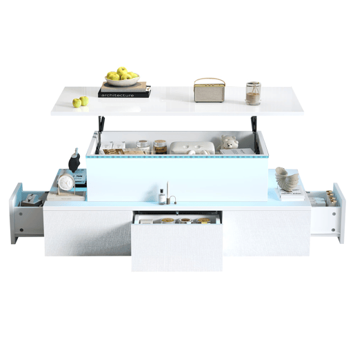 Mesa de centro elevável 100x50x40 cm - Com 4 gavetas, LED, arrumação oculta - Branco, MDF